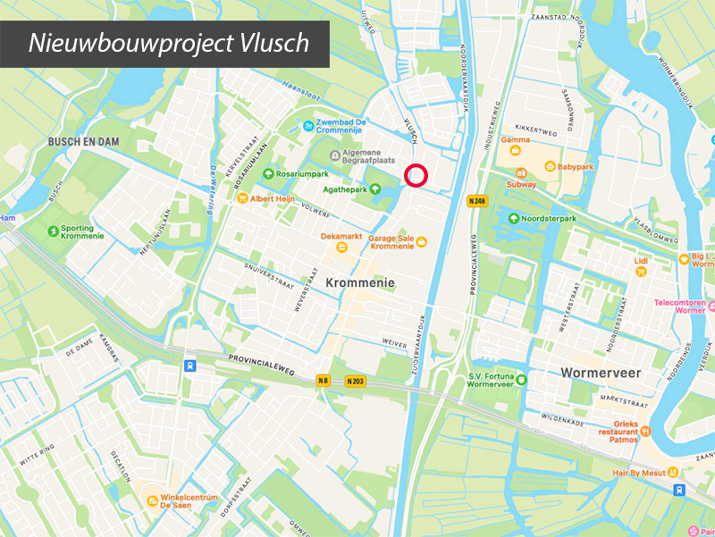 Ligging van het nieuwbouwproject Vlusch in Krommenie